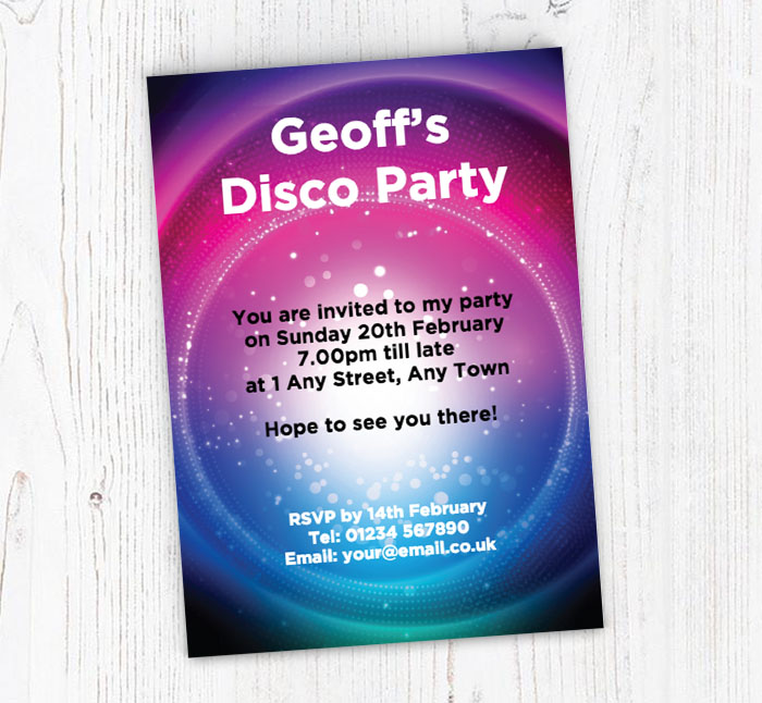 purple and blue disco invitations