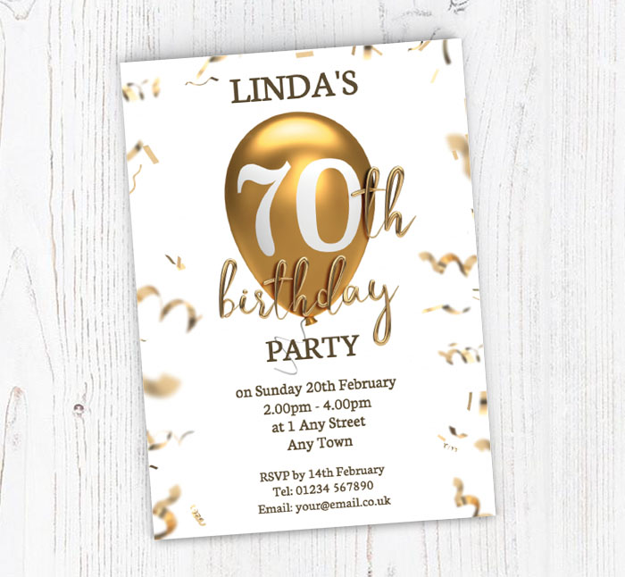 70th gold balloon party invitations