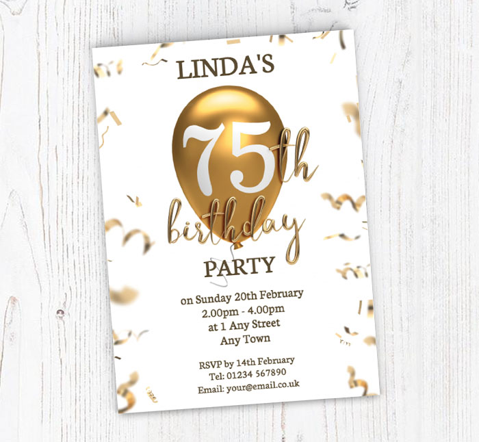 75th gold balloon party invitations
