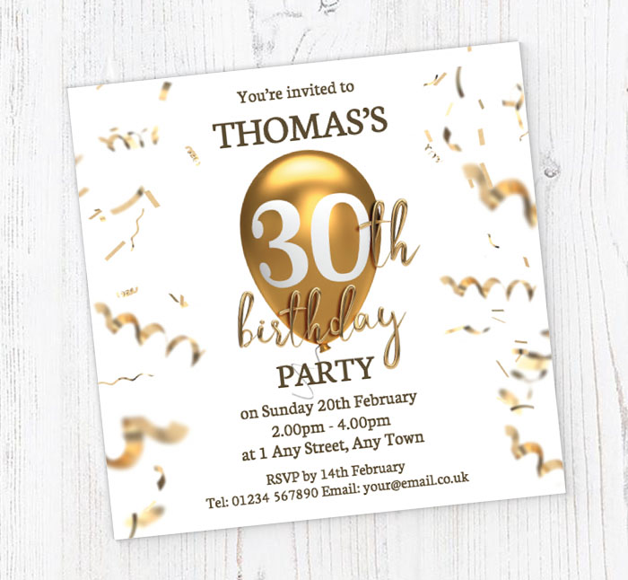 30th gold birthday balloon invitations