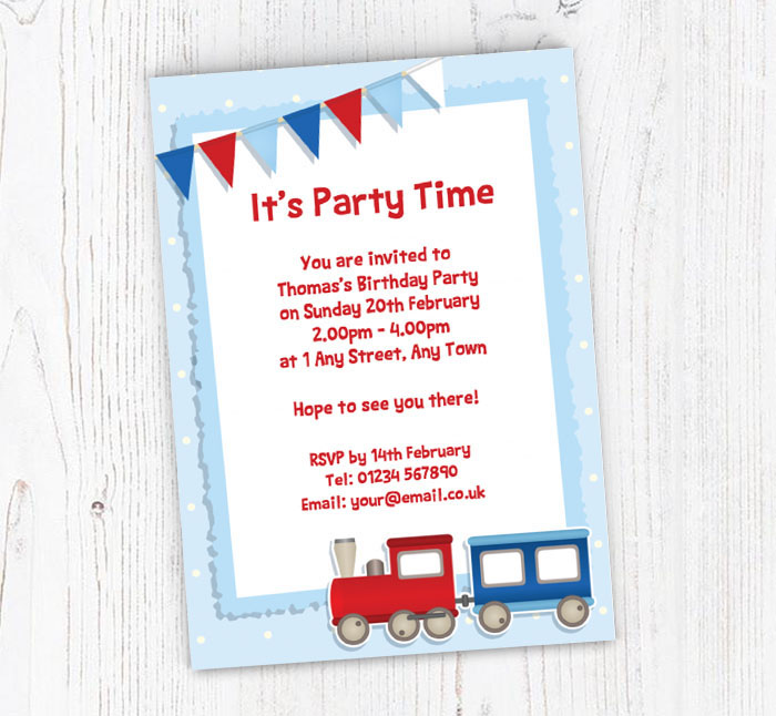 red and blue train invitations