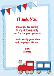 red and blue train thank you cards