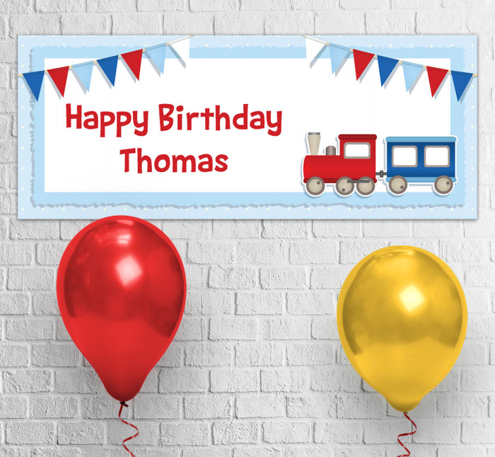 red and blue train party banner