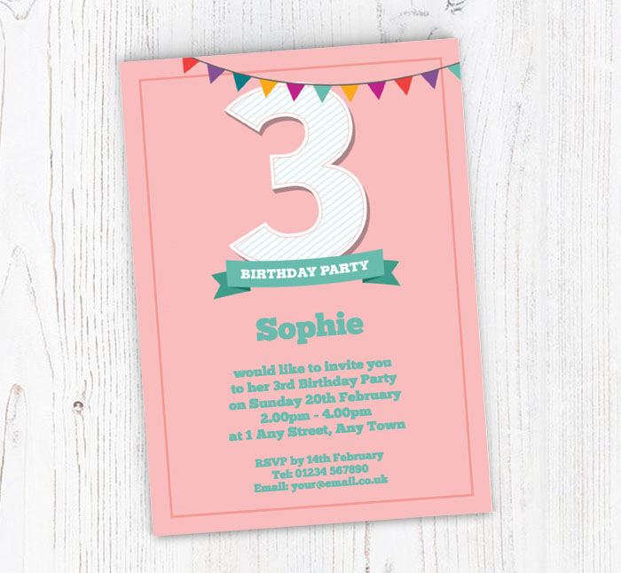 3rd birthday bunting party invitations