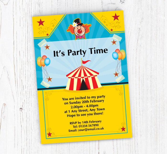 circus and clown party invitations