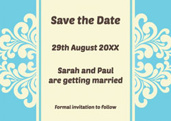 blue woodcut save the date cards
