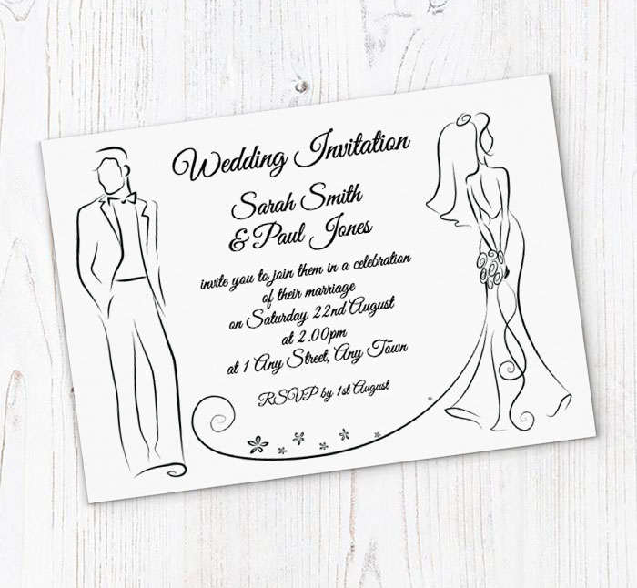 bride and groom outline invitations